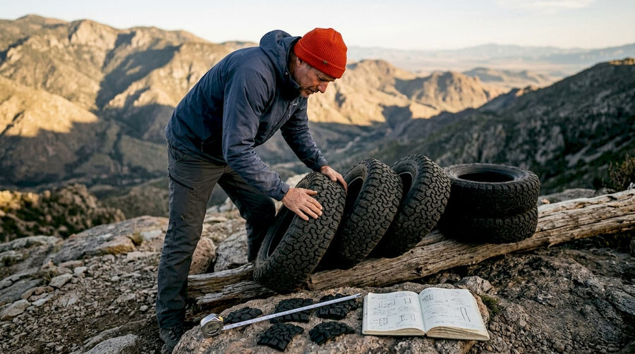 Man examining ATV tires outdoors in forest clearing