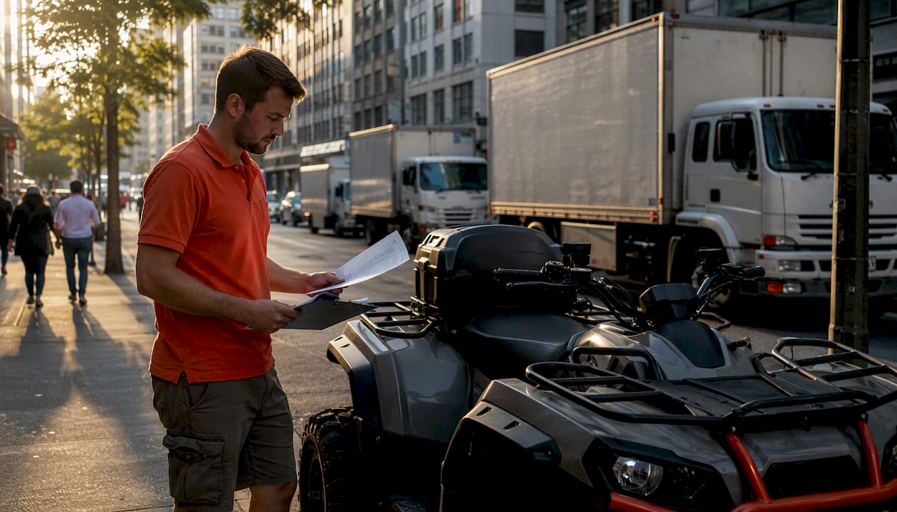 Logistics coordinator inspecting ATV before shipment