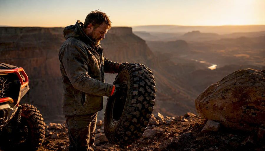 Man inspecting all-terrain ATV tire outdoors