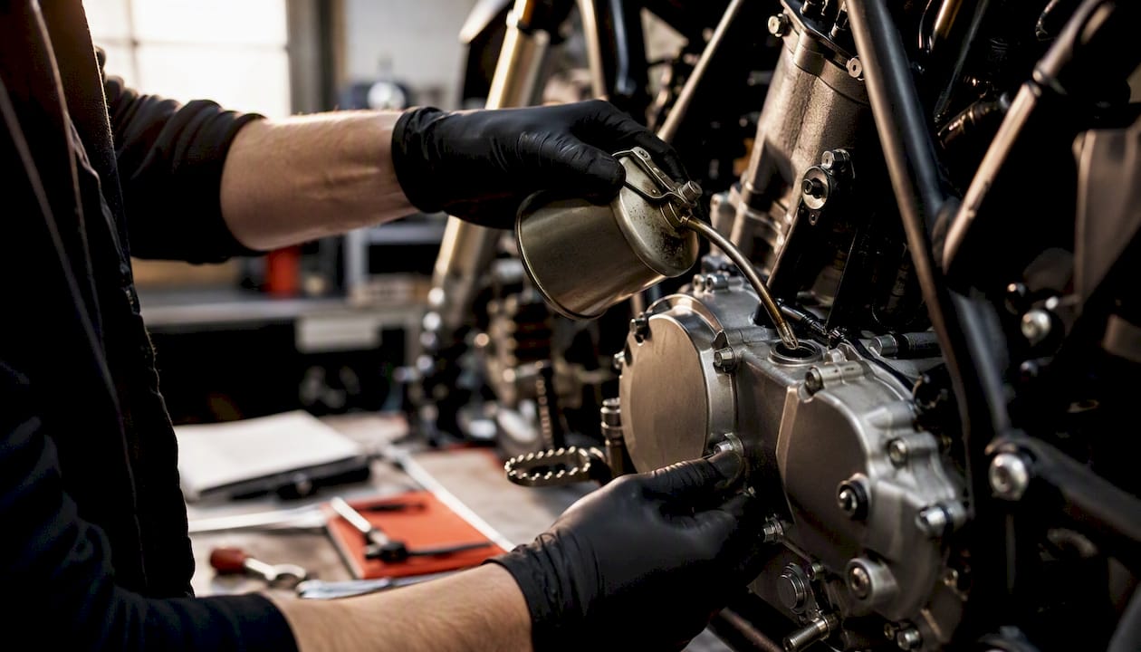 Rider adding engine oil during motorcycle break-in
