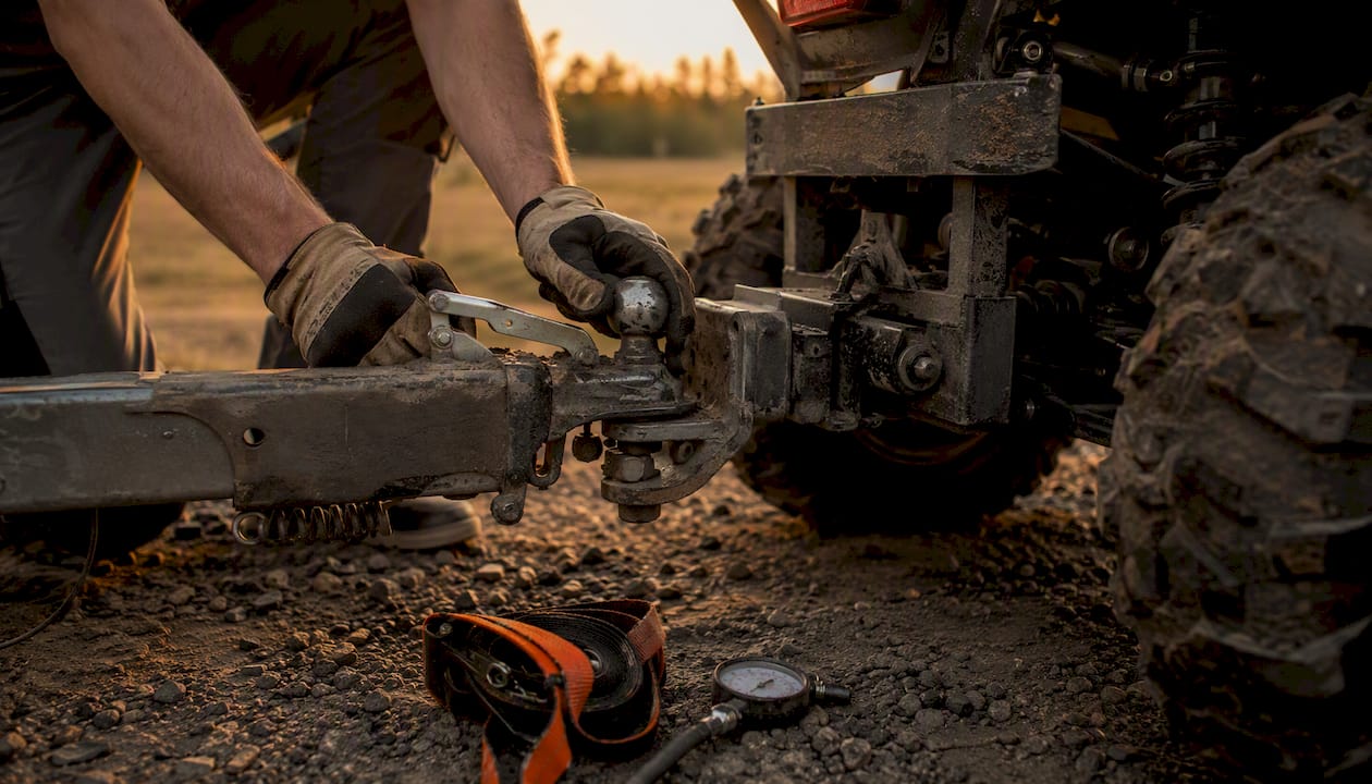 Hands connecting trailer hitch to ATV