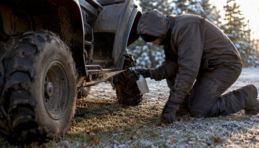 Person cleaning ATV undercarriage before winter storage