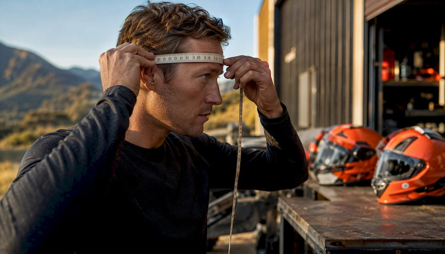 Rider measuring head circumference for helmet size