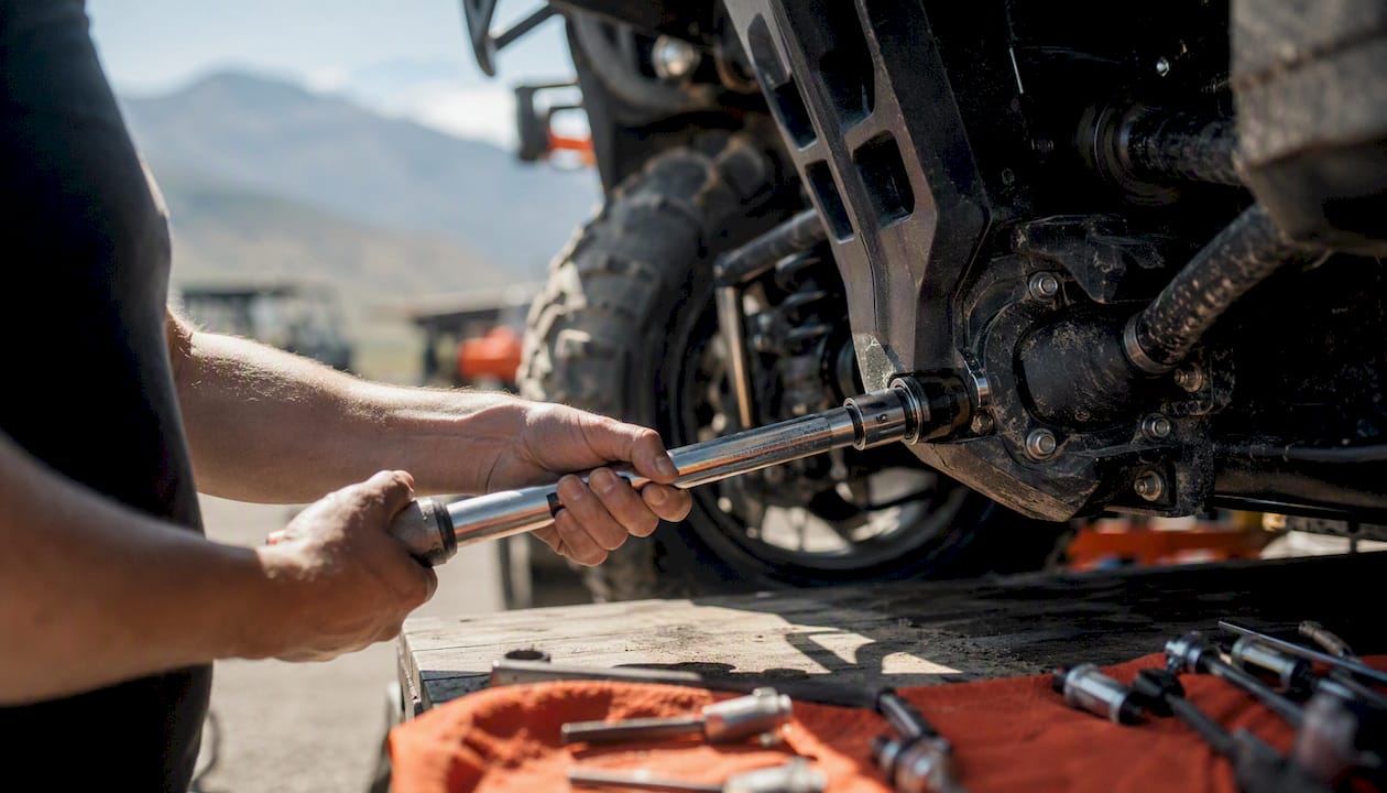 Hands using torque wrench on ATV axle bolt