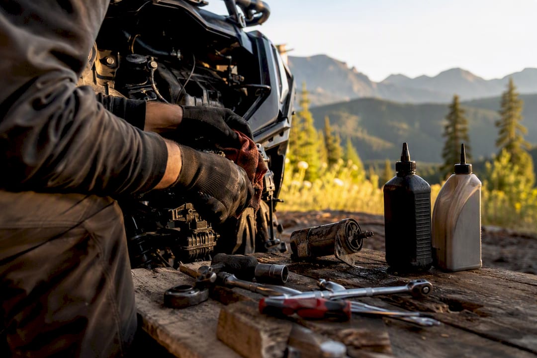 Hands inspecting outdoor ATV engine parts