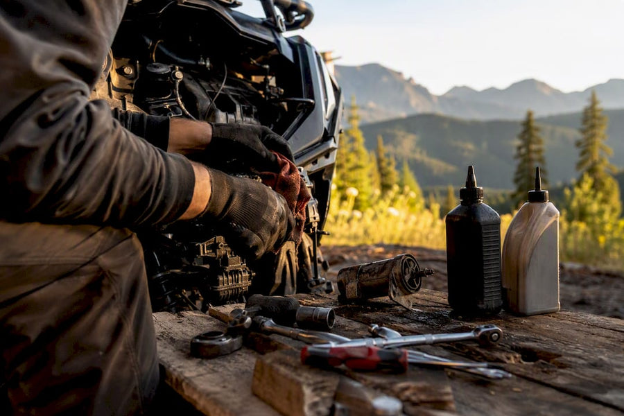 Hands inspecting outdoor ATV engine parts