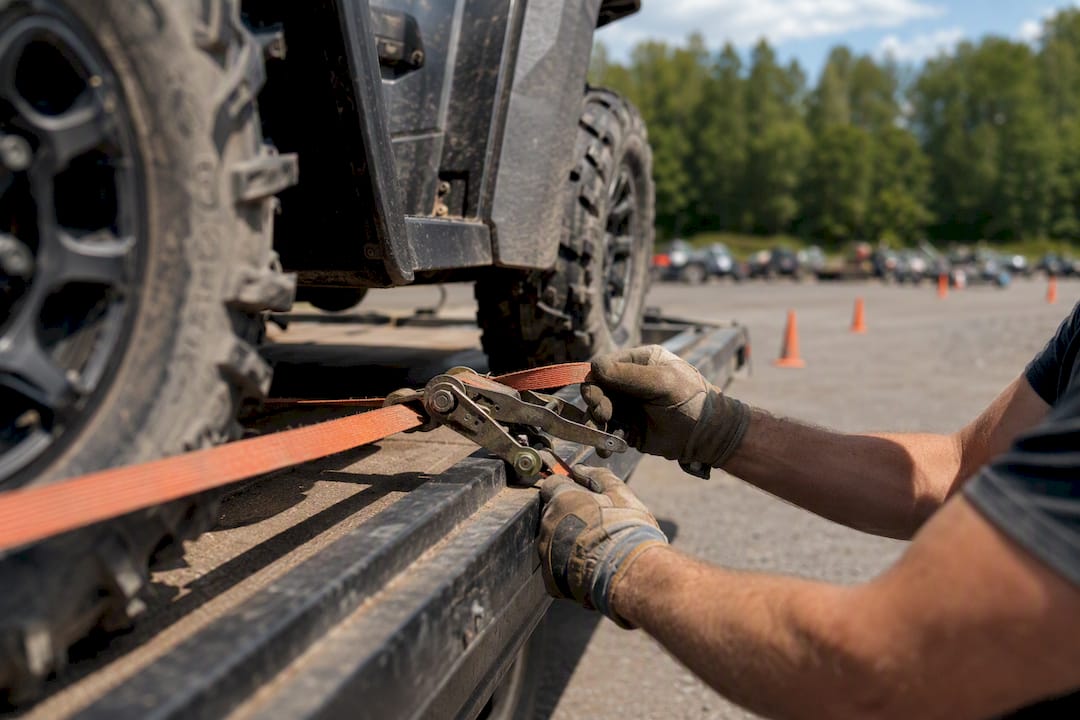 Hands securing ATV with ratchet straps on trailer