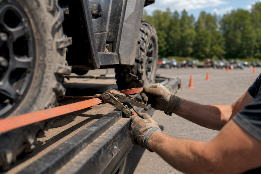 Hands securing ATV with ratchet straps on trailer