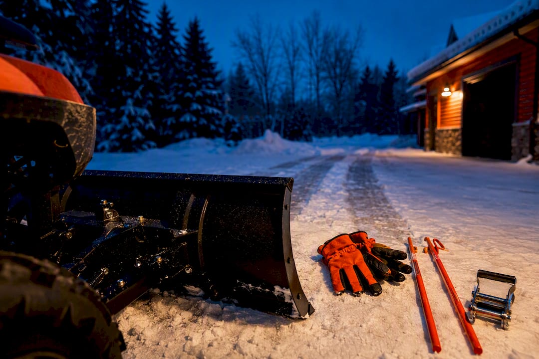 ATV snow plow blade in winter driveway