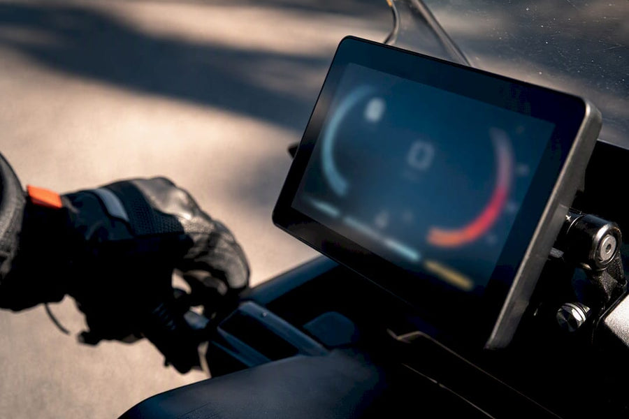 Close-up TFT motorcycle display in cockpit