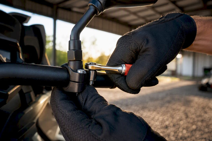 Hands tightening an ATV mirror clamp