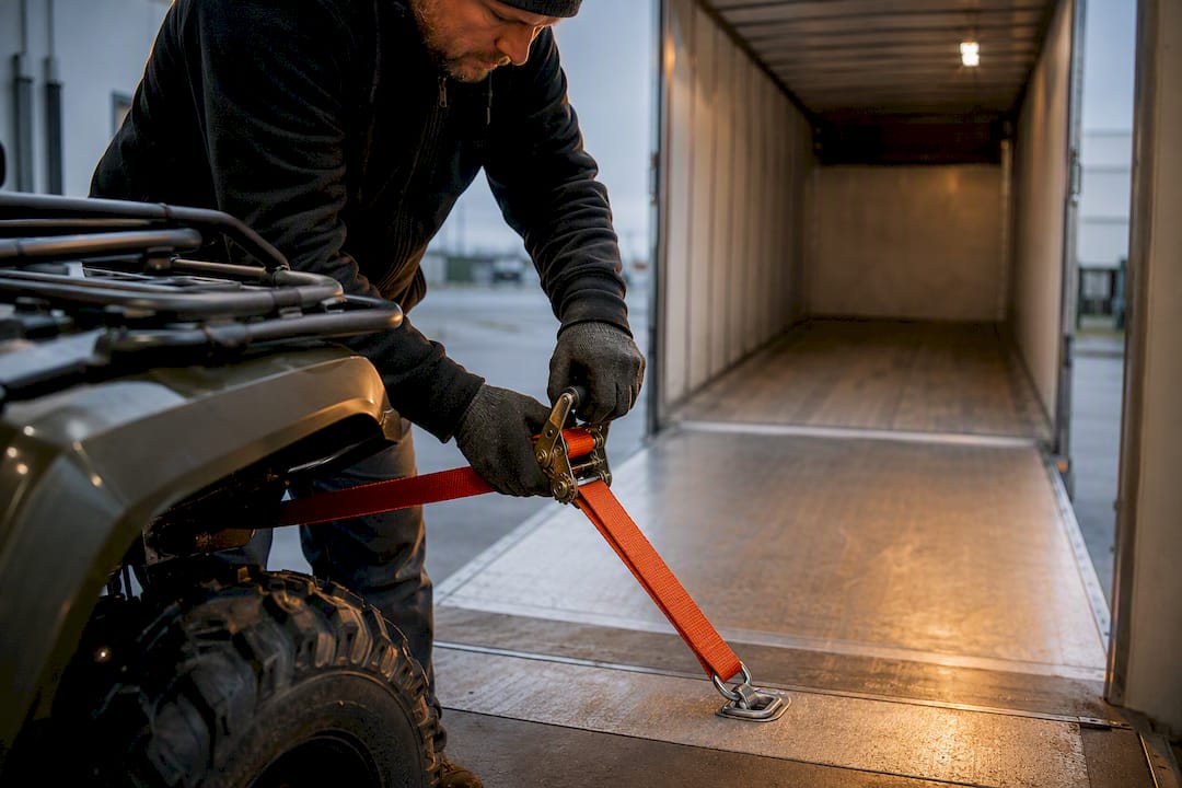 ATV being secured for Canadian freight delivery