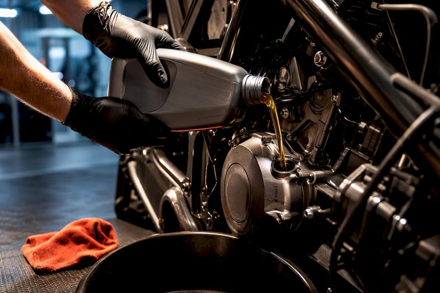 Technician adding oil to an off-road engine