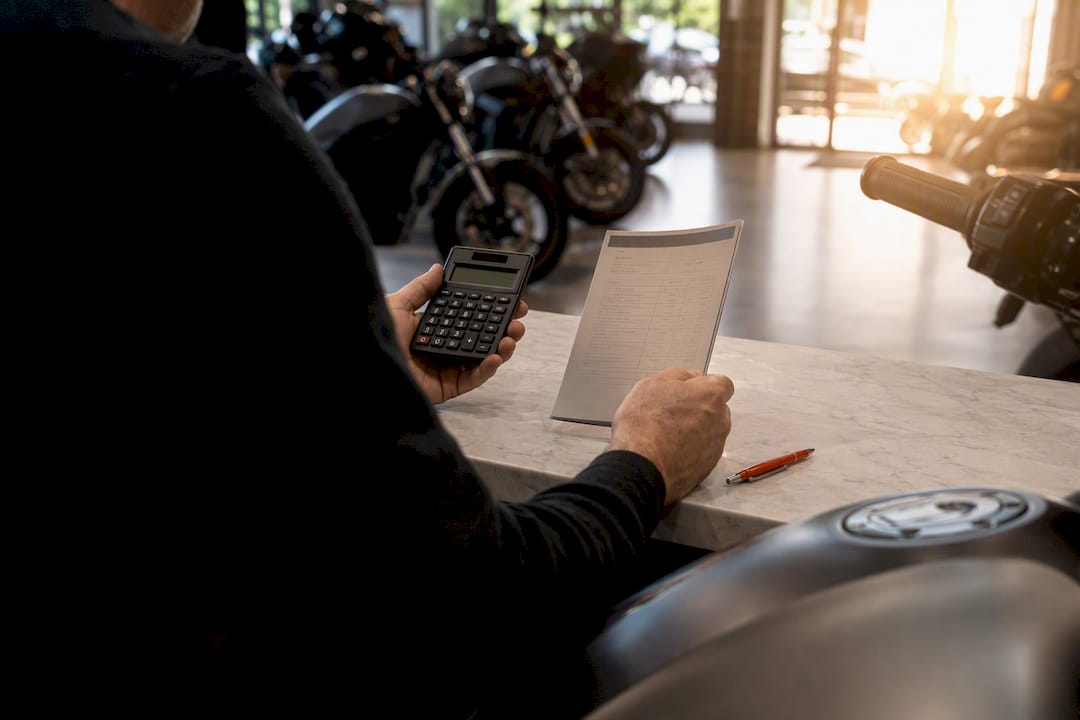 Buyer reviewing motorcycle pricing at dealership