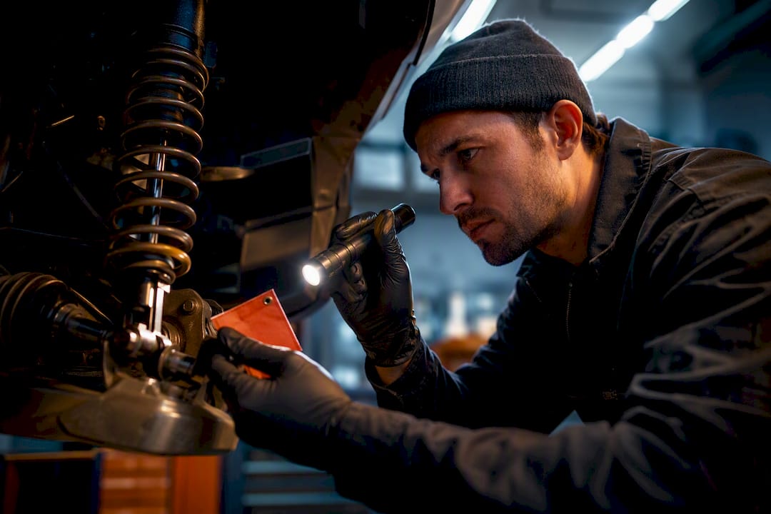 Technician inspecting ATV components for certification