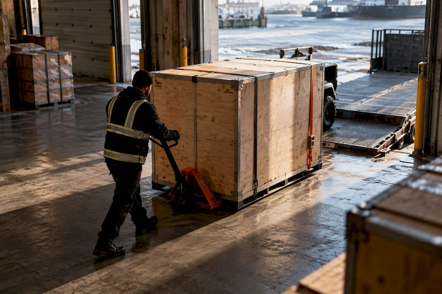 Powersports crate moving through Canadian freight warehouse