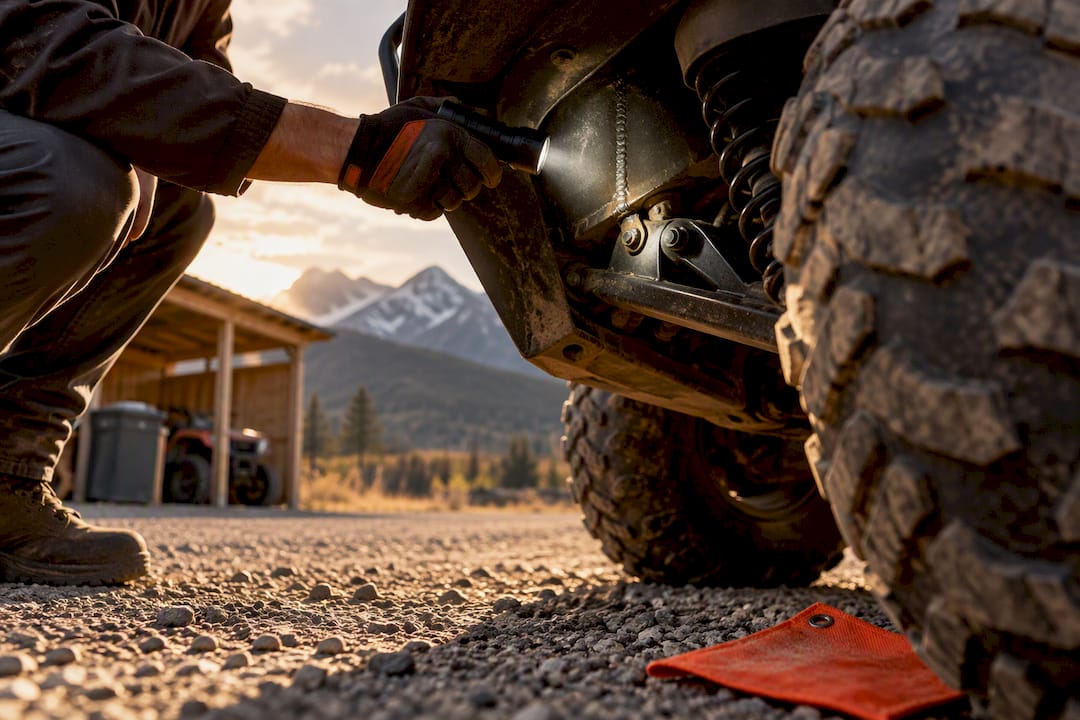 Flashlight inspecting ATV frame and tire
