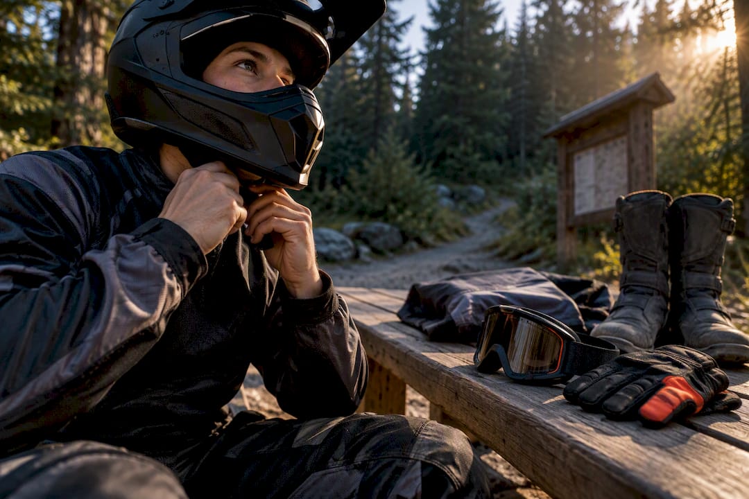 ATV rider safety gear arranged for inspection