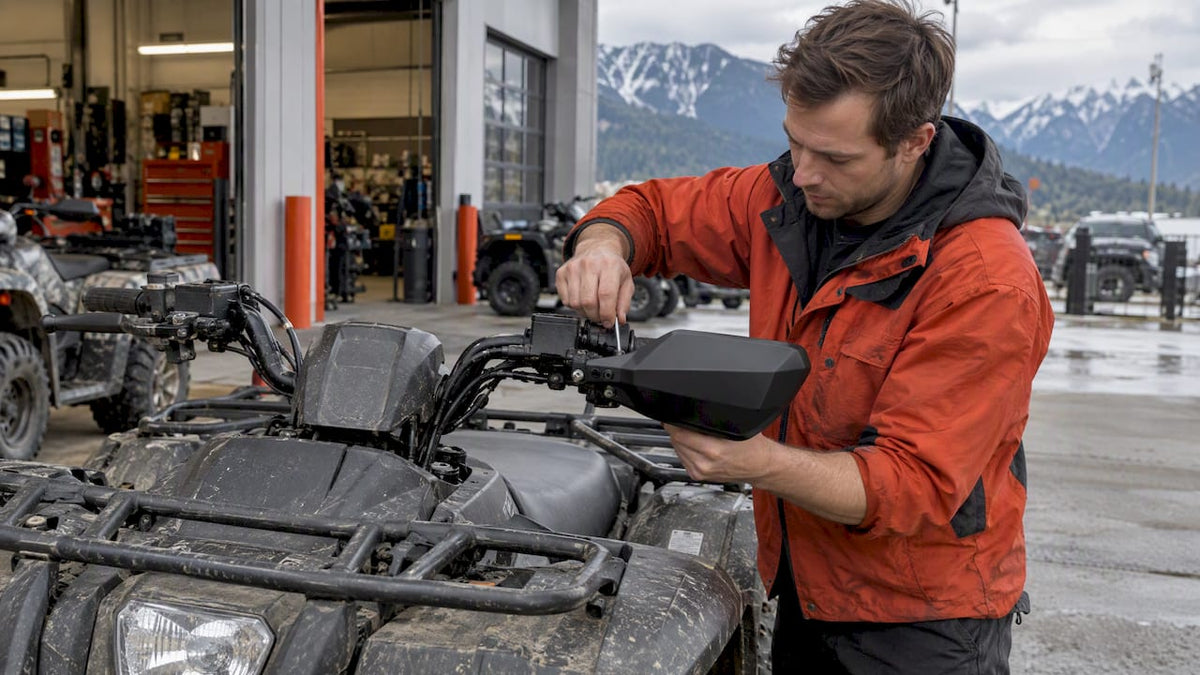 Rider installing handguards on an ATV