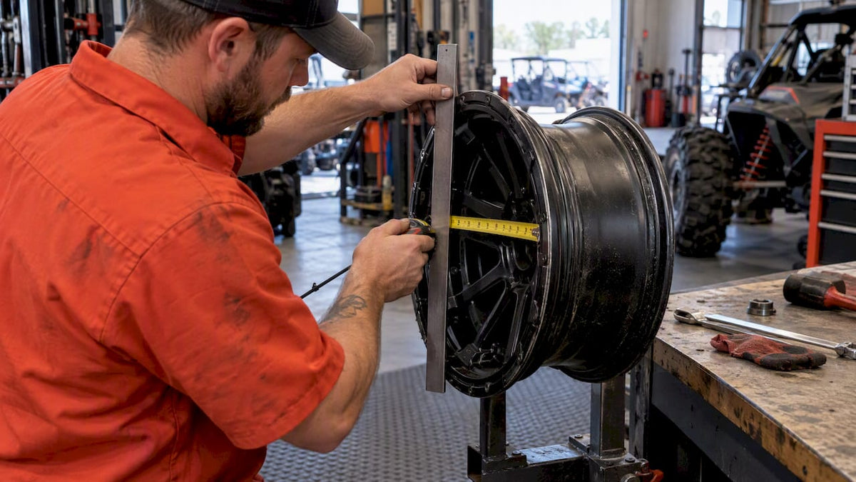 Technician measuring UTV wheel offset