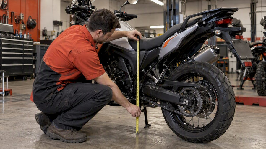 Technician measuring motorcycle seat height
