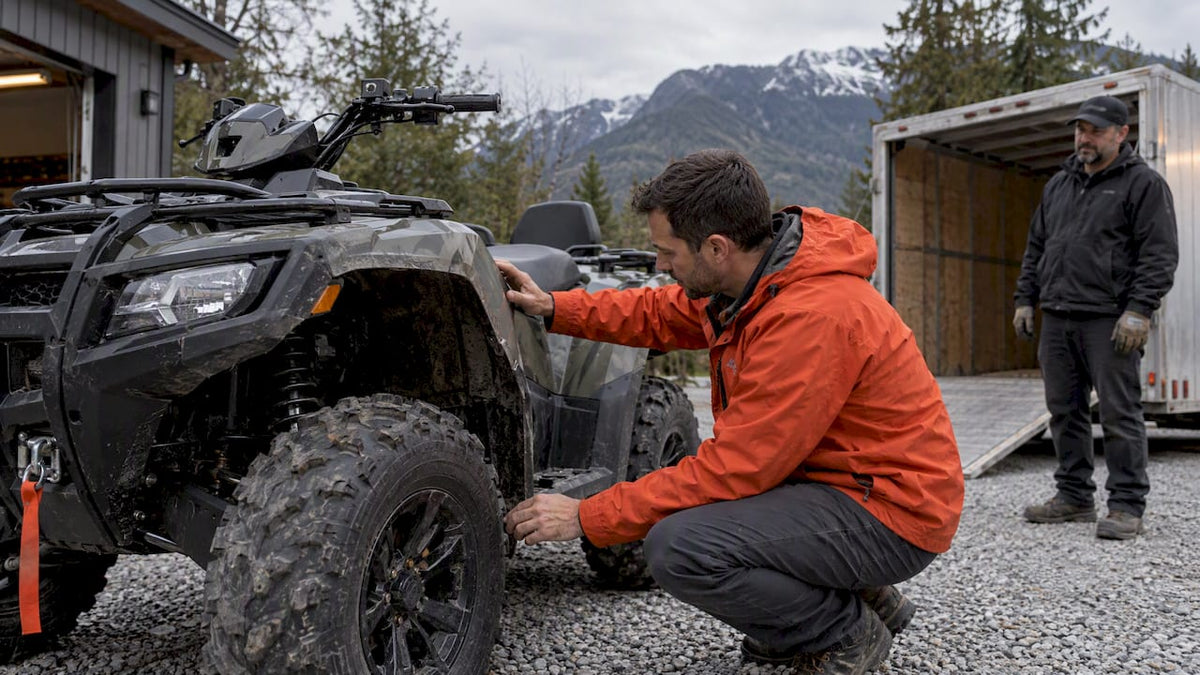 Buyer inspecting a delivered ATV for damage