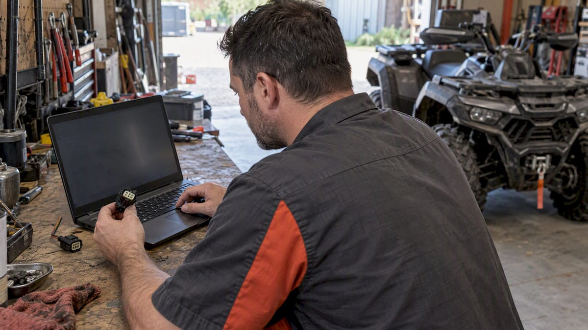 Rider checking an ATV parts catalog connector