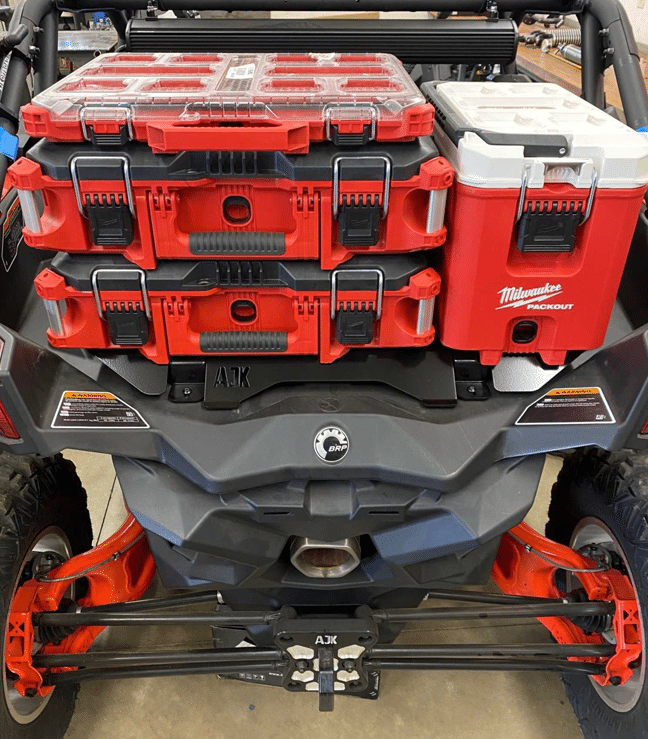 Can-Am X3 Milwaukee Packout Mount 1.5 by AJK Offroad  Installed with three stacked kits and cooler