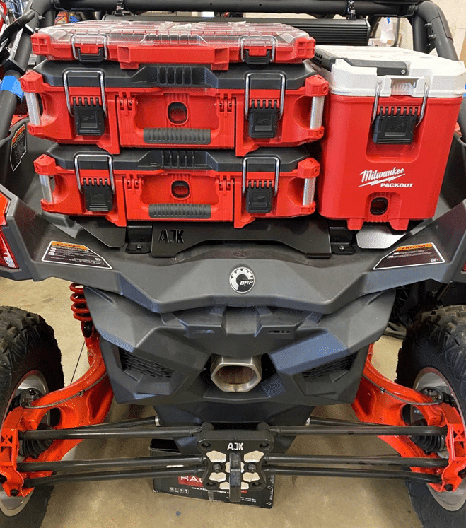 Can-Am X3 Milwaukee Packout Mount 1.5 by AJK Offroad Close Up of 3 Kits and Cooler