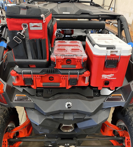 Can-Am X3 Milwaukee Packout Mount 1.5  AJK Offroad with 1 wide 2, and 2 kits stacked, and a cooler