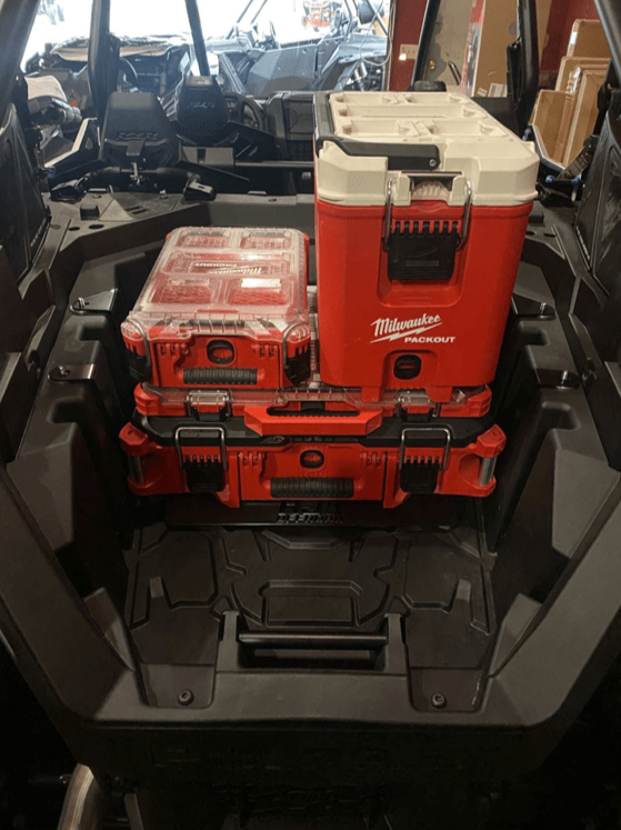 Polaris RZR PRO XP / Turbo R Packout Mount by AJK Offroad with Three Miluakee Kits and a Cooler
