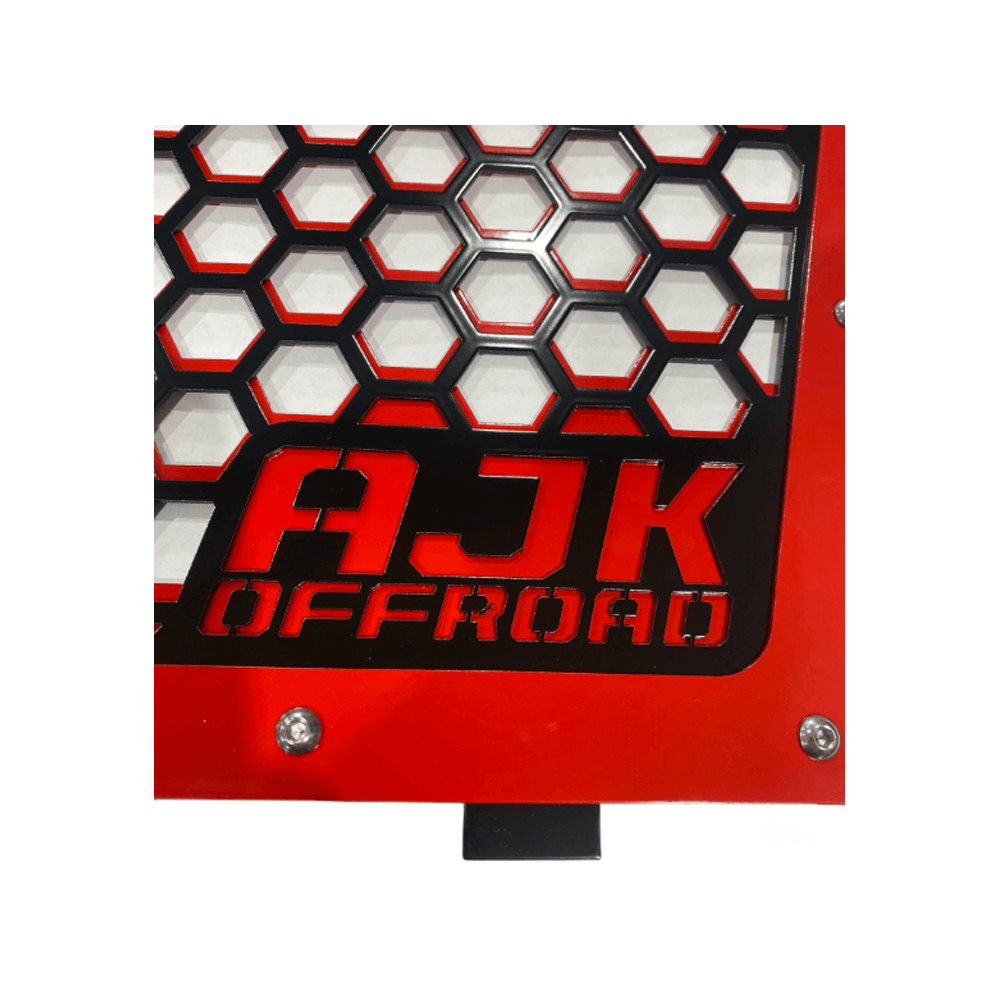 Kawasaki KRX Front Grill by AJK Offroad in Red Logo Close Up