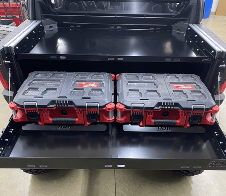 Polaris Xpedition Bed Tray by AJK Offroad   Back View Mounted Lower Pictured with Bed Drawer and Two Loadout Kits