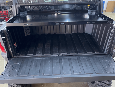 Polaris Xpedition Bed Tray by AJK Offroad Back View Mounted Higher with Open Tailgate