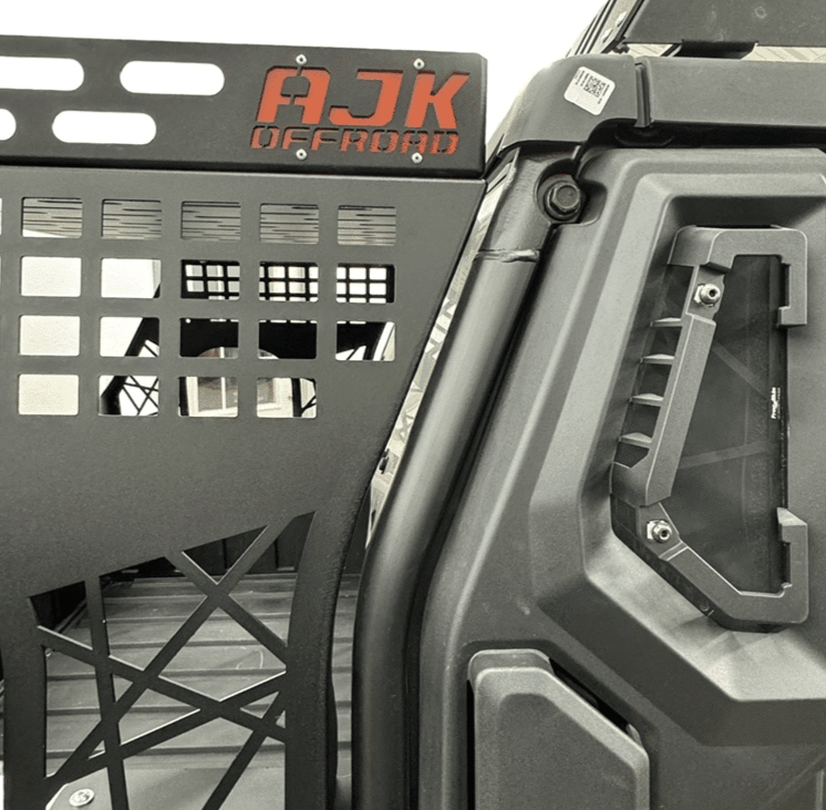 Polaris Xpedition Headache Rack 3/4 Rack  by AJK Offroad Close Up of Side of Rack with Logo