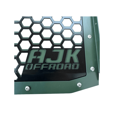 Polaris Xpedition Grill by AJK Offroad Close Up of Logo on Green Grill