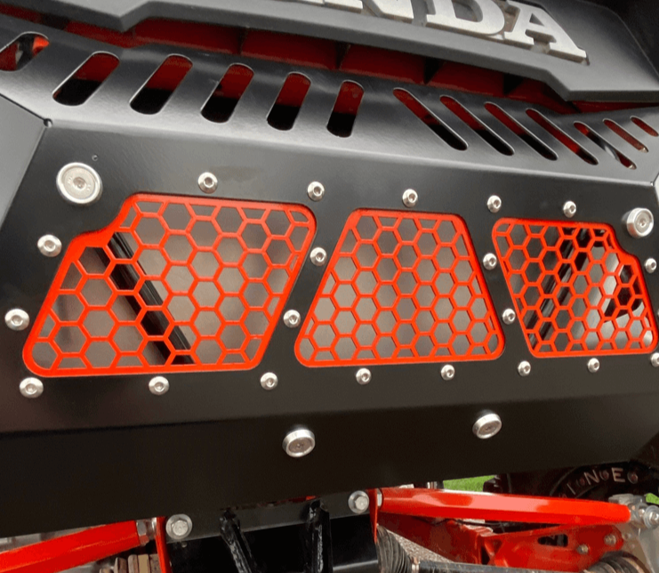 Honda Talon Exhaust Cover by AJK Offroad in Black Close Up Left Side Front View