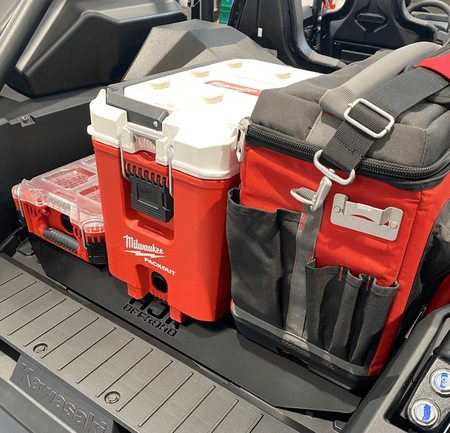 Kawasaki KRX Packout Mount 1.5 by AJK Offroad right side view of a kit with two coolers installed