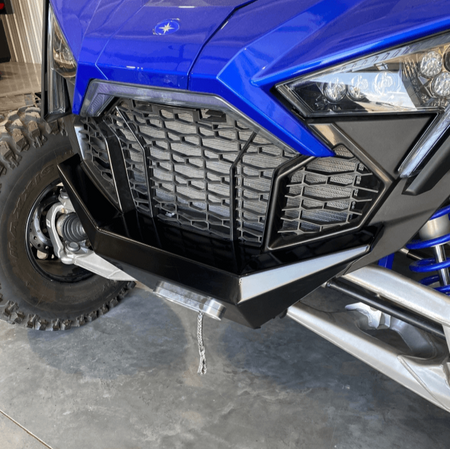 Polaris Pro R Front Bumper Powder Black Close Up Side View by AJK Offroad