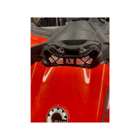 Can-Am Maverick X3 Billet Aluminum Shock Tower Brace by AJK Offroad Installed on Red Can-Am Close Up